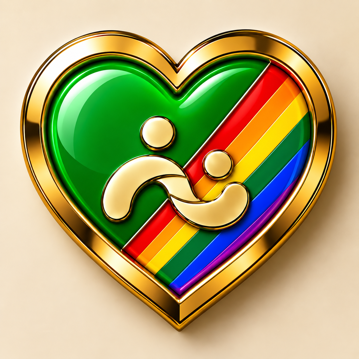 SYVEO Heart Pride in green / OPEN, with a diagonal Pride band across the status-coloured heart and a gold-tone edge.