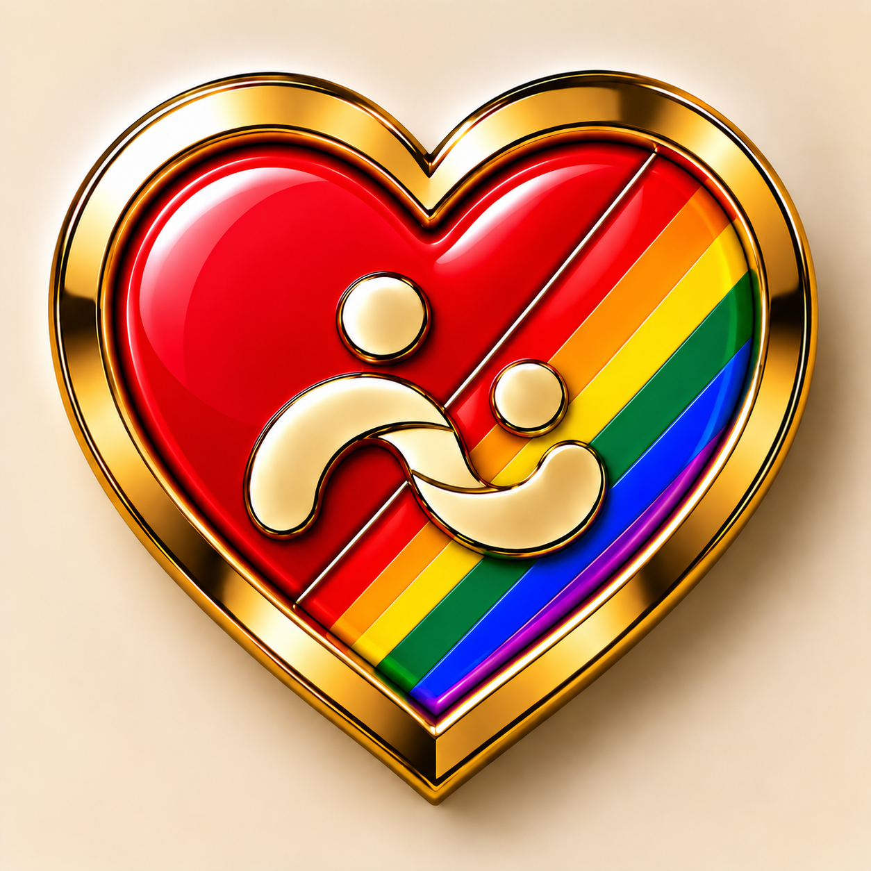 SYVEO Heart Pride in red / PRIVATE, with a diagonal Pride band across the status-coloured heart and a gold-tone edge.