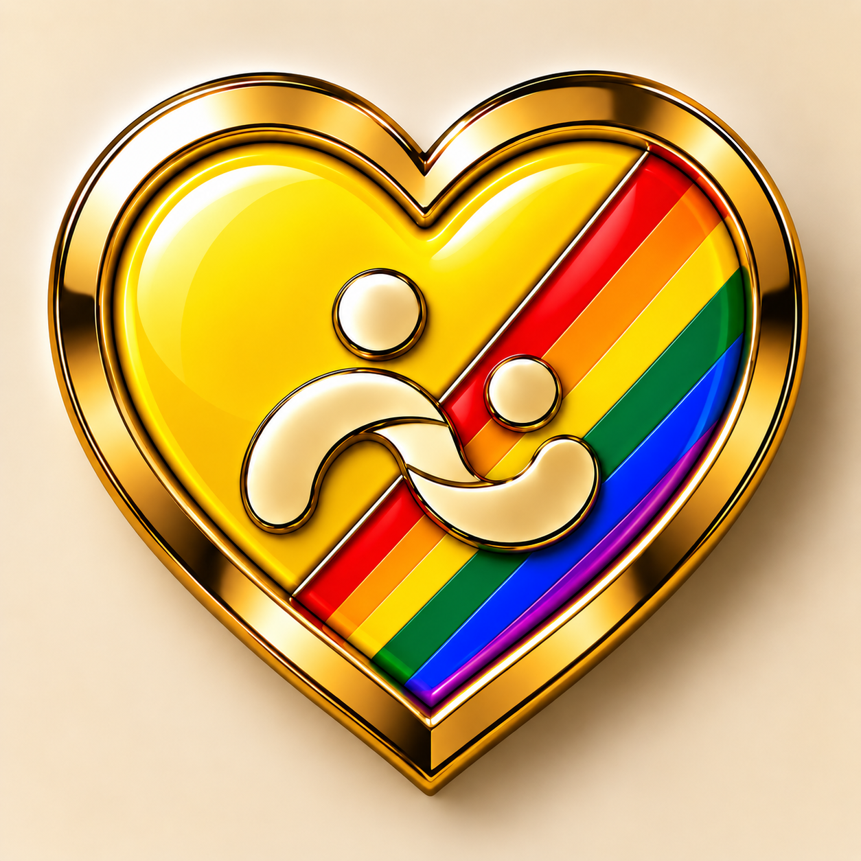SYVEO Heart Pride in yellow / SOCIAL, with a diagonal Pride band across the status-coloured heart and a gold-tone edge.