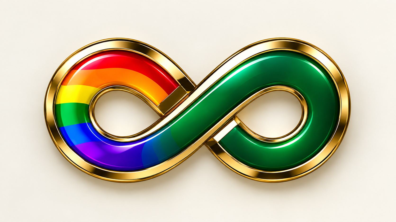 SYVEO Infinity Pride in green / OPEN, with one Pride-coloured loop and one status-coloured loop and a gold-tone edge.
