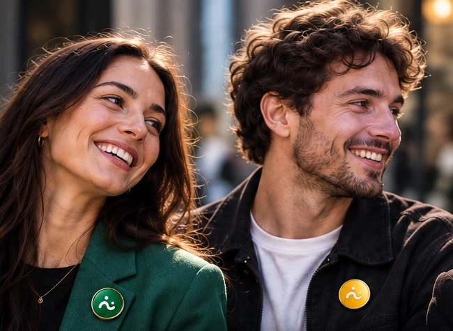 Campaign artwork detail: two people outside a café wearing green and yellow Aura pins.