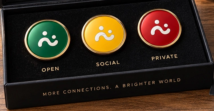 Packaging artwork detail: green OPEN, yellow SOCIAL and red PRIVATE Aura pins nestled in a dark presentation box.
